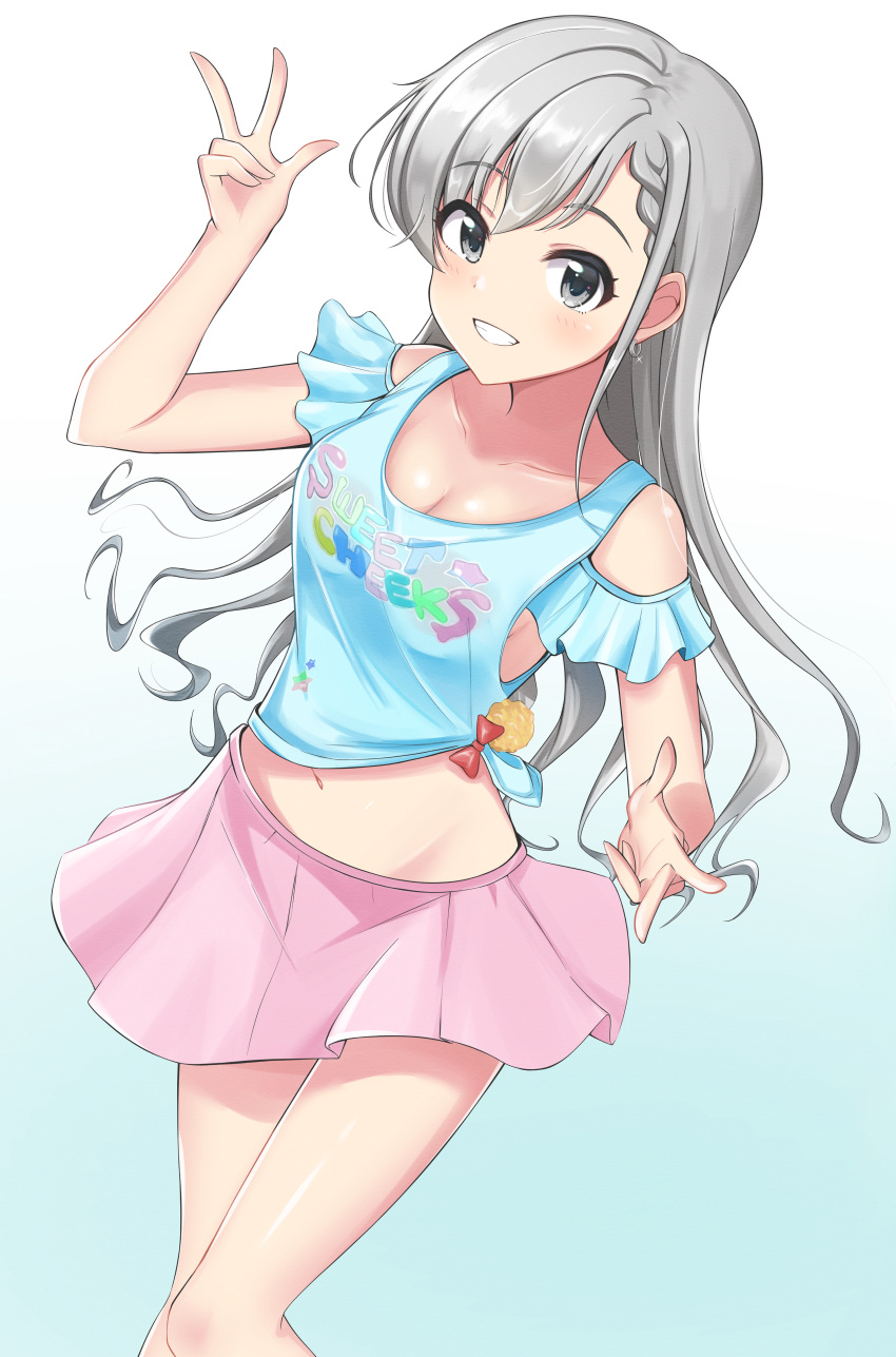 1girl absurdres asymmetrical_bangs bare_shoulders blue_shirt bow braid breasts cleavage collarbone curly_hair double_v feet_out_of_frame french_braid frilled_shirt_collar frills gradient_background grey_eyes grey_hair grin groin hands_up highres hisakawa_hayate idolmaster idolmaster_cinderella_girls long_hair looking_at_viewer medium_breasts midriff miniskirt navel oscar_08 pink_skirt pleated_skirt pom_pom_(clothes) print_shirt red_bow shirt short_sleeves skirt smile solo teeth text_print tied_shirt v