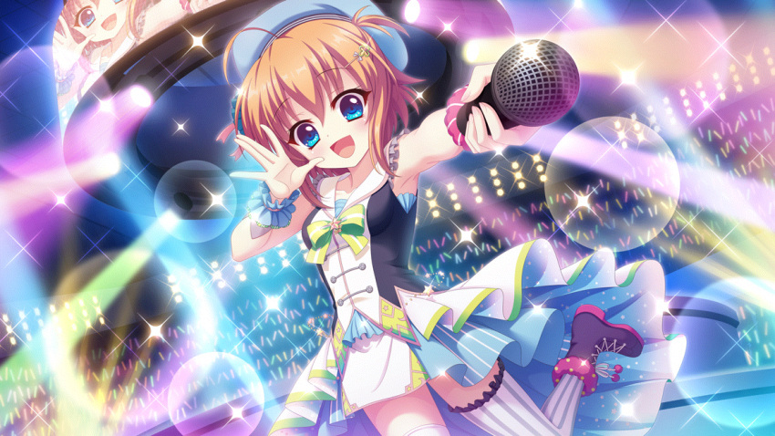 1girl :d \||/ ahoge audience beret blue_dress blue_eyes blue_headwear blue_wrist_cuffs boots bow breasts collarbone colored_lights concert cross-laced_footwear dot_nose dress dutch_angle film_grain game_cg glowstick green_bow hair_ornament hairclip hand_up hat holding holding_microphone idol idol_clothes indoors izumi_tsubasu lens_flare looking_at_viewer microphone non-web_source official_art open_mouth orange_hair pink_scrunchie pom_pom_(clothes) purple_footwear re:stage! sailor_collar screen scrunchie shikimiya_mana short_dress short_hair sidelocks skirt small_breasts smile solo sparkle stage stage_lights standing standing_on_one_leg star_(symbol) striped_clothes striped_thighhighs thighhighs two-sided_fabric two-sided_skirt vertical-striped_clothes vertical-striped_thighhighs white_skirt wrist_cuffs wrist_scrunchie zettai_ryouiki