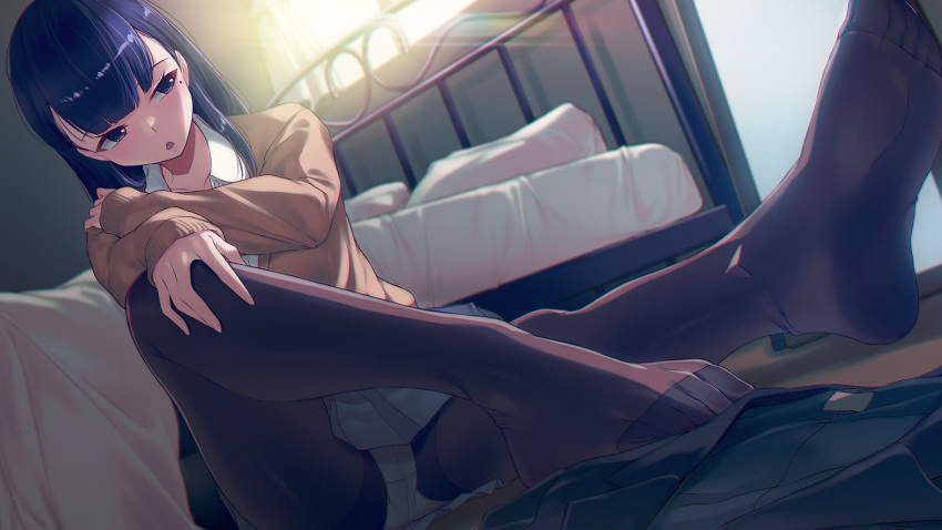 1girl 40hara bag bangs bed black_legwear blue_eyes blue_hair breasts brown_cardigan collared_shirt curtains dutch_angle end_card eyebrows_visible_through_hair feet grey_skirt hair_behind_ear hand_on_own_knee hand_on_own_shoulder highres indoors long_hair long_sleeves looking_away miru_tights mole mole_under_eye nakabeni_yua no_shoes official_art on_floor open_mouth panties panties_under_pantyhose pantyhose pillow pleated_skirt school_bag school_uniform shirt sitting skirt solo sunlight thighband_pantyhose toes underwear white_panties white_shirt window