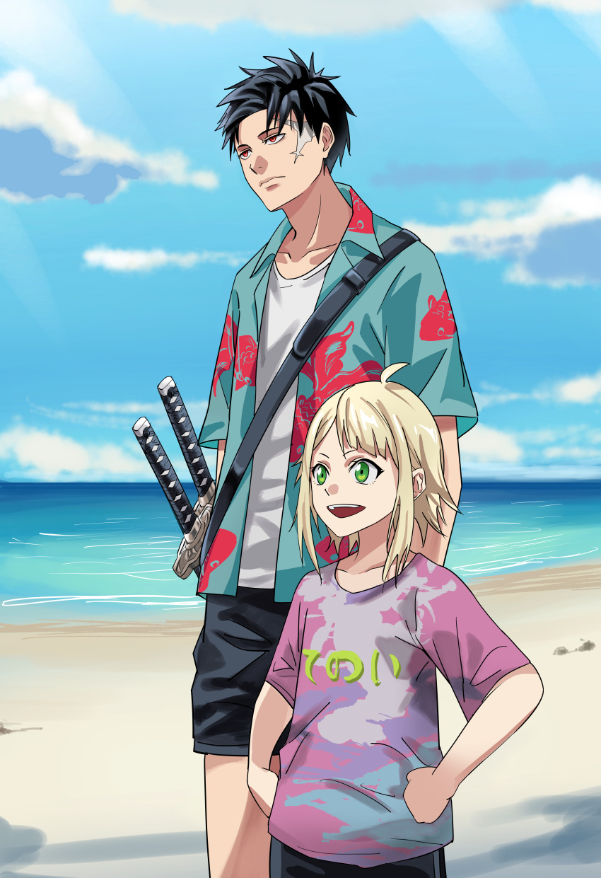 1boy 1girl :d absurdres animal_print beach black_hair black_shorts blonde_hair blue_shirt casual cerovein char_(kagurabachi) day fish_print goldfish_print green_eyes hands_on_own_hips highres kagurabachi medium_hair outdoors purple_shirt red_eyes rokuhira_chihiro scar scar_on_face sheath sheathed shirt shorts smile standing white_shirt