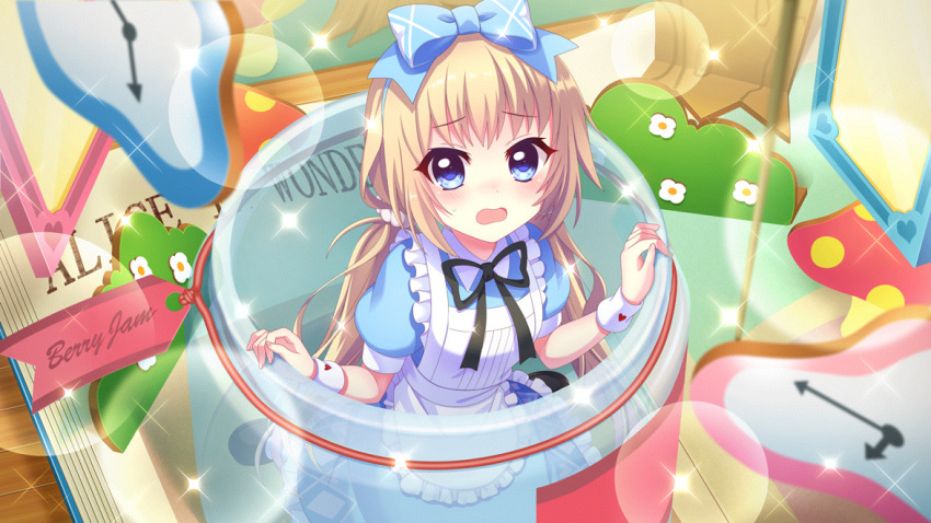 1girl alice_(alice_in_wonderland) alice_(alice_in_wonderland)_(cosplay) alice_in_wonderland analog_clock apron blackfootwear blue_dress blue_eyes blue_skirt blush book bush cardboard_cutout clock cosplay diamond_print dot_nose dress film_grain flower frilled_apron frills from_above game_cg giant_book glass_jar heart heart_print itsumura_haruka izumi_tsubasu label lens_flare light_brown_hair long_hair looking_at_viewer low_twintails mary_janes mirror mushroom non-web_source official_art open_book open_mouth print_skirt re:stage! shoes sitting skirt solo sparle stage tree twintails wariza white_apron white_flower white_wrist_cuffs wooden_floor wrist_cuffs