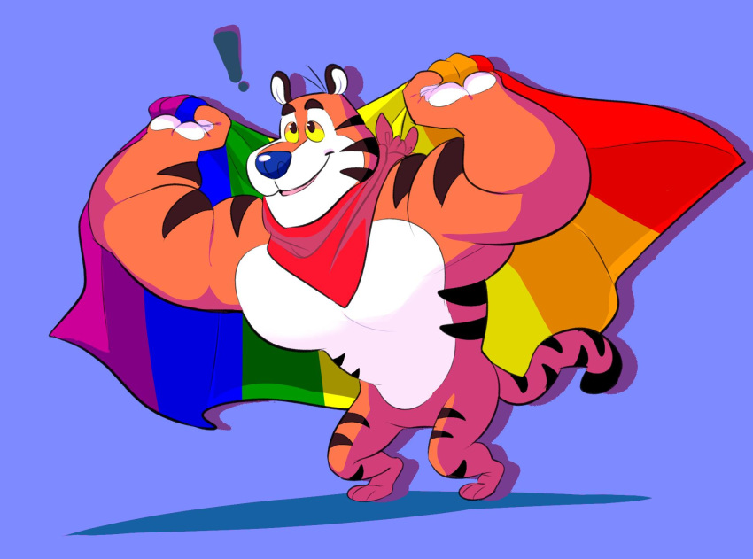 2019 anthro blue_nose felid frosted_flakes fur hi_res kellogg's male mammal mascot muscular pantherine plum_(artist) pride_colors rainbow_flag rainbow_symbol solo stripes tiger tony_the_tiger