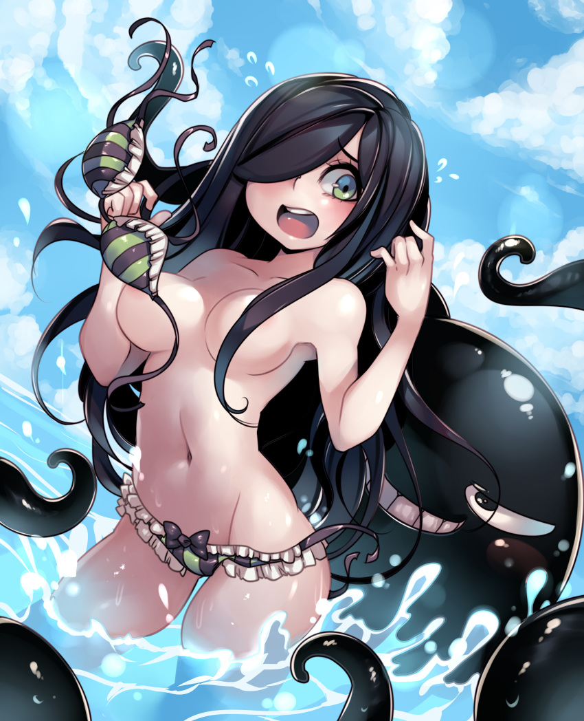 1girl absurdres aria_wintermint ass_visible_through_thighs bikini bikini_top_removed black_hair blue_skirt blush bow_bikini breasts frilled_bikini_bottom green_eyes groin gug hair_censor hair_over_one_eye highres medium_breasts mouth navel paid_reward parororo patreon_reward round_teeth skirt solo striped striped_bikini swimsuit teeth tentacles the_crawling_city thighs tongue wading wardrobe_malfunction