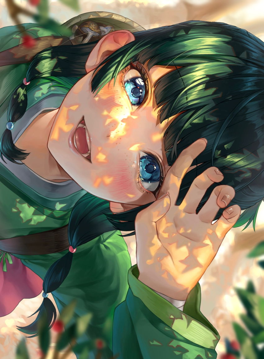 1girl bandages basket beads blue_eyes chinese_clothes freckles green_hair hair_beads hair_ornament hair_over_shoulder hand_on_own_head hanfu highres kusuriya_no_hitorigoto leaf looking_at_viewer looking_up maomao_(kusuriya_no_hitorigoto) mushroom open_mouth pink_skirt rearea_7777 skirt smile solo sun sunlight
