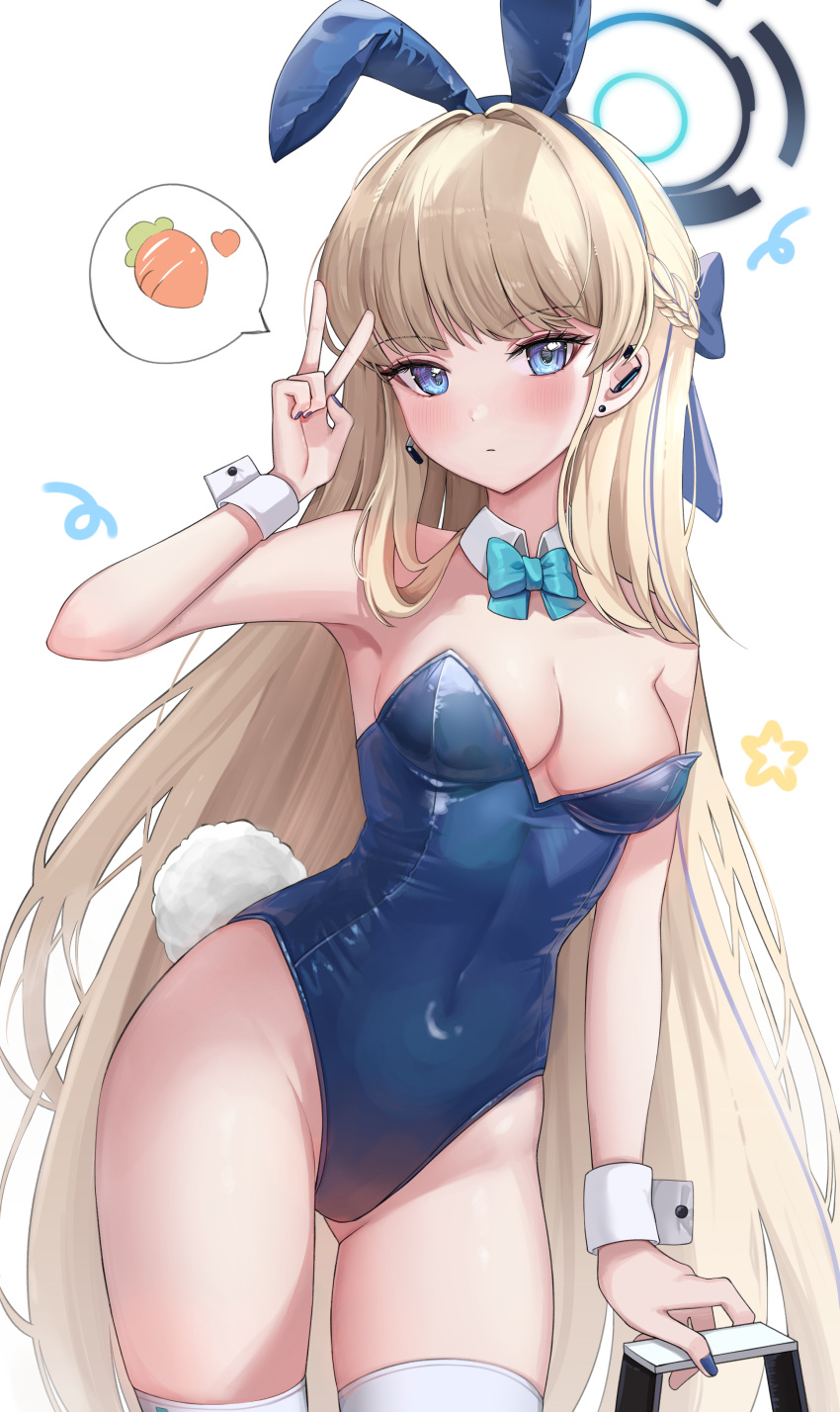 1girl absurdres animal_ears aqua_bow aqua_bowtie ass_visible_through_thighs blonde_hair blue_archive blue_eyes blue_hair blue_halo blue_leotard blush bow bowtie braid breasts closed_mouth cowboy_shot detached_collar fake_animal_ears fake_tail groin halo highres kaho_oco leotard long_hair looking_at_viewer medium_breasts multicolored_hair official_alternate_costume rabbit_ears rabbit_tail simple_background solo strapless strapless_leotard streaked_hair tail thighhighs toki_(blue_archive) toki_(bunny)_(blue_archive) v white_background white_thighhighs wrist_cuffs