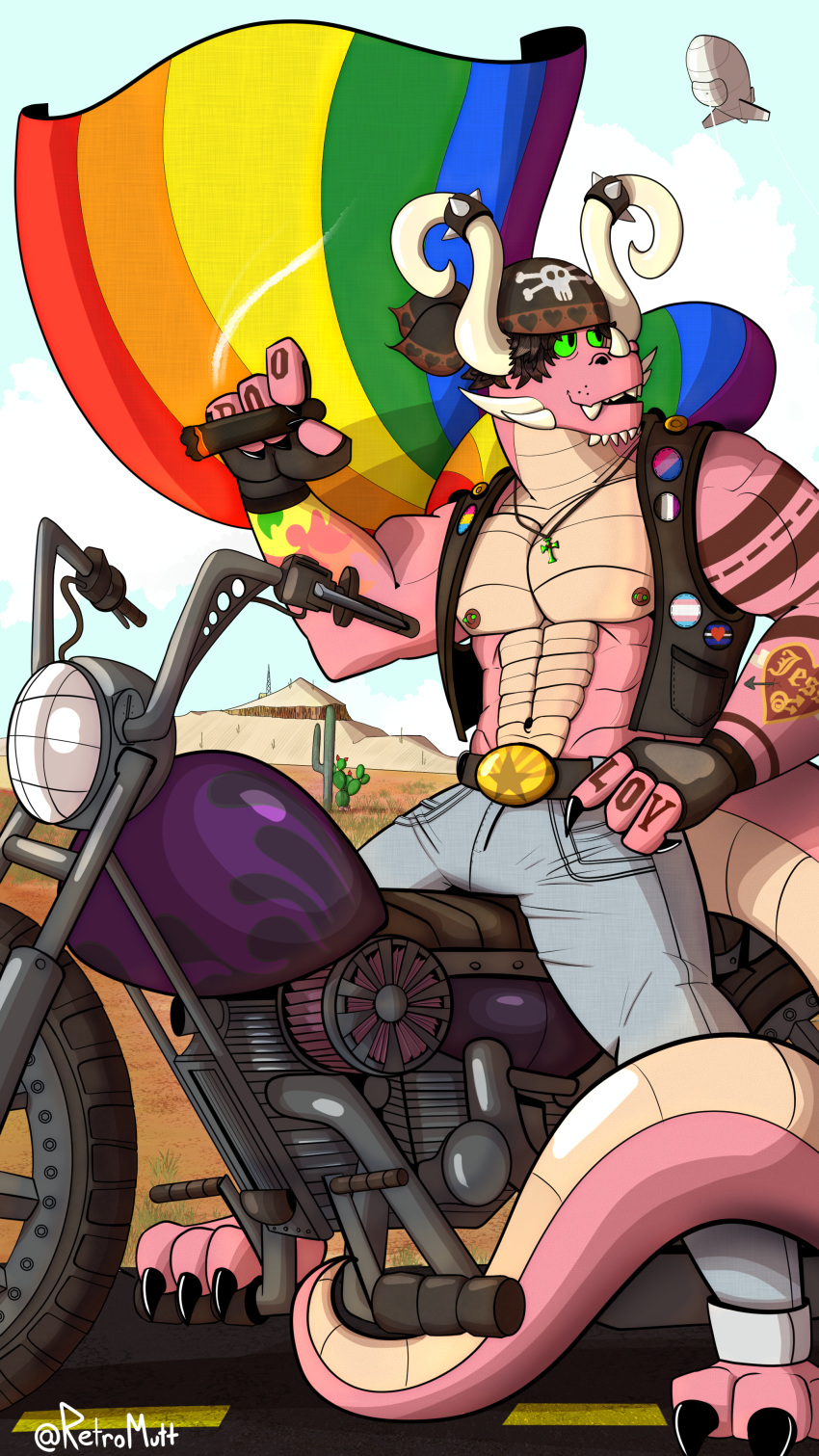 4k 9:16 abs absurd_res belt_buckle biceps biker bottomwear cigar clothing denim denim_bottomwear denim_clothing desert dragon hi_res horn jeans leather lgbt_pride long_tail male marcus_(retromutt) motorcycle muscular muscular_male pants pecs piercing pink_body pride_colors rainbow_pride_colors retromutt smoking solo tail tattoo vehicle