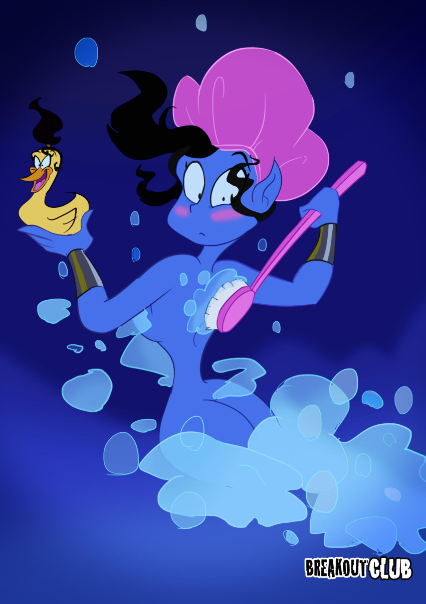 arabian_nights bath bathing blue_body blue_skin blush breakoutclub breasts butt butt_cleavage convenient_censorship disney disney's_aladdin embarassed_nude_female embarrassed female genie hi_res jinni_the_genie nude rubber_duck scrub_brush scrubbing shower shower_cap soap_bubbles solo suds