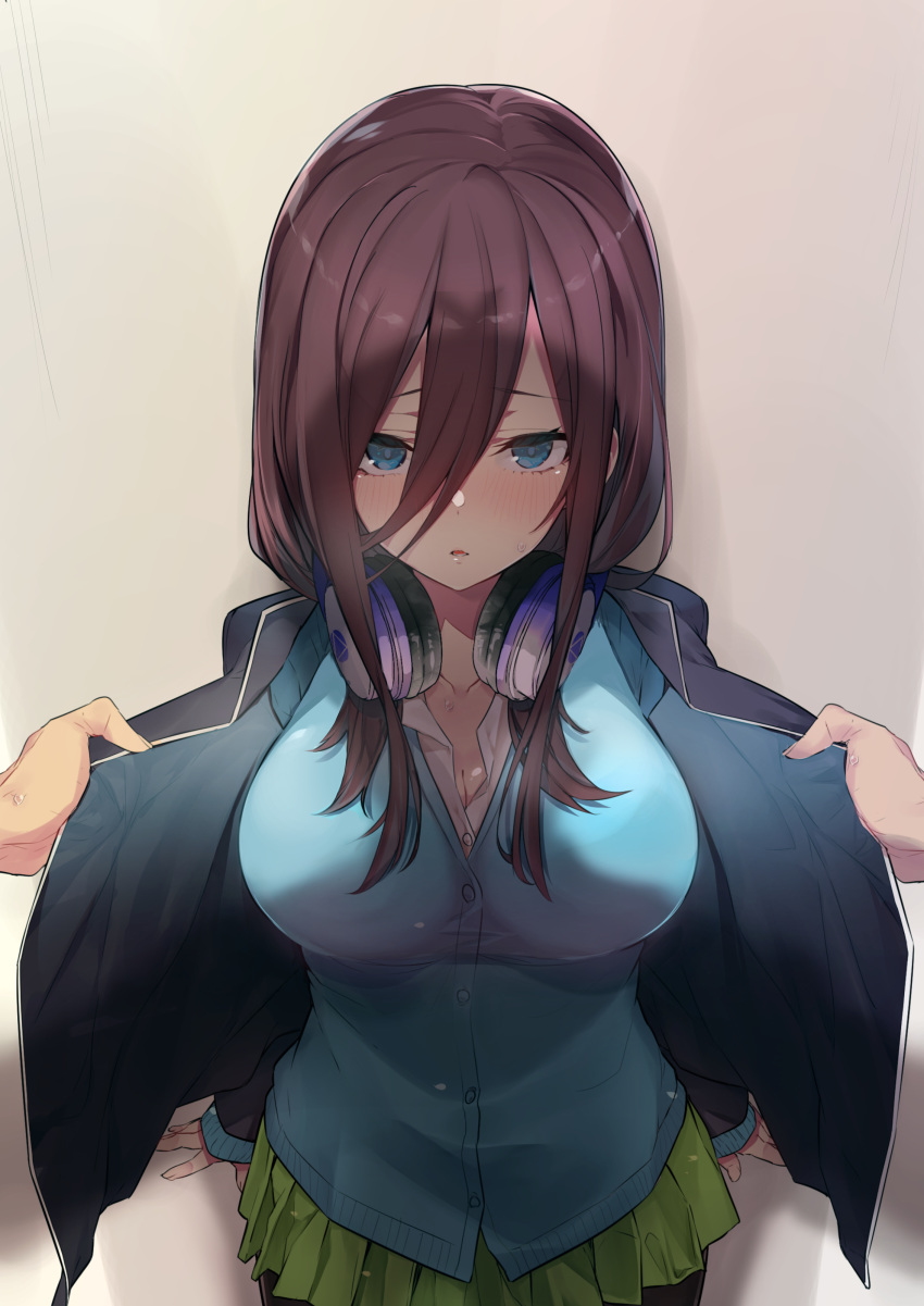 1girl absurdres bangs black_legwear blazer blue_cardigan blue_eyes blush breasts brown_hair buttons cleavage go-toubun_no_hanayome green_skirt hair_between_eyes headphones headphones_around_neck highres jacket large_breasts long_hair long_sleeves looking_at_viewer miniskirt mitsudoue nakano_miku open_clothes open_jacket pantyhose parted_lips pleated_skirt school_uniform shadow shirt sidelocks skirt solo_focus undershirt white_shirt