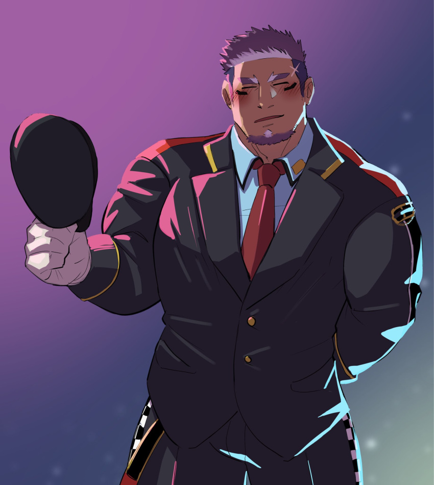 1boy bara blush cowboy_shot dark-skinned_male dark_skin employee_uniform facial_hair facing_viewer goatee gradient_background hat highres holding holding_clothes holding_hat kansuke_(kansuke_717) live_a_hero male_focus mature_male medium_sideburns muscular muscular_male necktie purple_background purple_hair shaft_(live_a_hero) short_hair sideburns_stubble solo stubble thick_eyebrows uniform