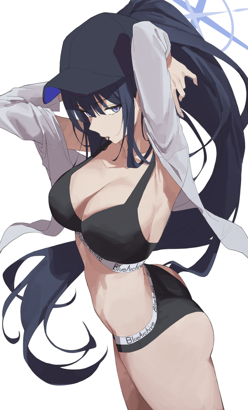 1girl absurdres adjusting_hair armpits arms_behind_head arms_up ass baseball_cap black_hair black_headwear blue_archive blue_eyes bra breasts cleavage hair_tie hair_tie_in_mouth halo hat highres holding holding_hair large_breasts long_hair looking_at_viewer midriff mouth_hold netural open_clothes panties ponytail saori_(blue_archive) shirt solo tying_hair underwear white_shirt