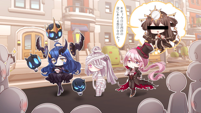 4girls bandages blue_hair breasts brown_hair censored chibi divine_empress_(iron_saga) floating_skull gloves grey_hair hair_ornament halloween_costume hat headdress heterochromia highres horns identity_censor iron_saga japanese_clothes long_hair matilda_(iron_saga) multiple_girls official_art pink_eyes pink_hair purple_eyes second-party_source single_horn slokai_(iron_saga) top_hat wynonna_(iron_saga) yellow_eyes