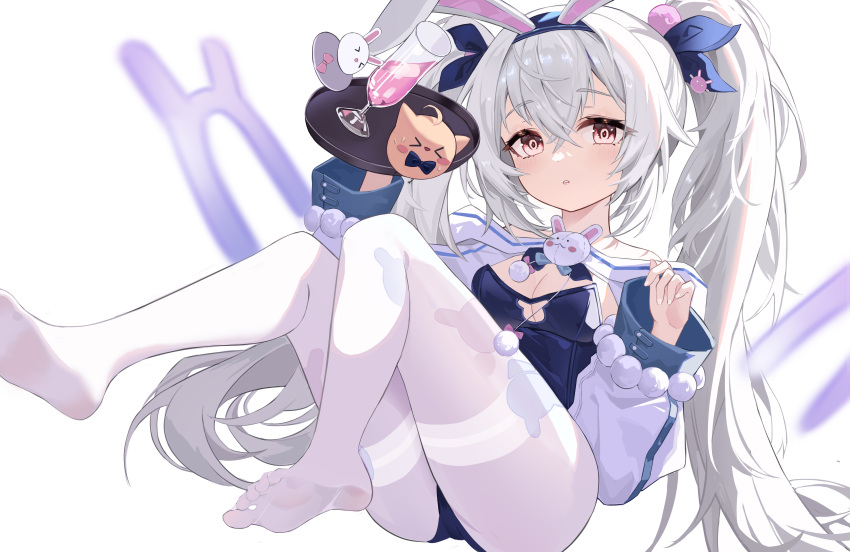 1girl absurdres animal_ears ass azur_lane blue_leotard breasts cleavage cleavage_cutout clothing_cutout commentary crossed_bangs fake_animal_ears feet grey_hair hair_between_eyes highres holding holding_tray laffey_(azur_lane) laffey_ii_(azur_lane) laffey_ii_(sleepy_on_a_busy_day)_(azur_lane) leotard long_hair manjuu_(azur_lane) medium_breasts pantyhose parted_lips pink_eyes rabbit_ears shrug_(clothing) simple_background soles solo thighband_pantyhose thighs tns-yoru toes tray very_long_hair white_background white_pantyhose white_shrug