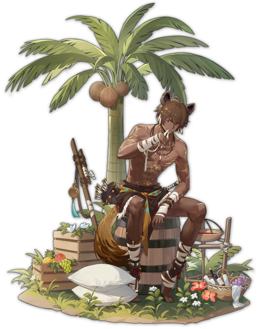 1boy abs ahoge apple arm_markings arrow_(projectile) artist_request bandaged_arm bandaged_leg bandages basket bottle brown_hair chest_markings coconut coconut_tree dark-skinned_male dark_skin flower food fruit grapes grass highres jewelry leaf mahjong_soul male_focus musa_(mahjong_soul) necklace official_art orange_flower palm_tree pillow pineapple red_eyes simple_background solo tachi-e tail third-party_source topless_male transparent_background tree white_flower