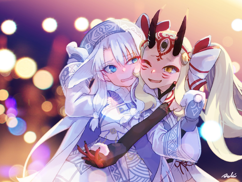 2girls ainu_clothes blonde_hair blue_eyes blue_headwear blurry blurry_background bokeh bow cape cheek-to-cheek commentary depth_of_field english_commentary facial_mark fate/grand_order fate_(series) fingernails forehead_mark fur_trim hair_bow heads_together highres horns ibaraki_douji_(fate) illyasviel_von_einzbern isagiyo long_hair mittens multiple_girls one_eye_closed oni open_mouth sharp_fingernails sidelocks sitonai_(fate) sitonai_(third_ascension)_(fate) twintails upper_body white_hair white_mittens yellow_eyes