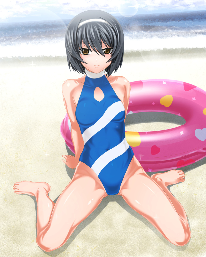 1girl alternate_hair_length alternate_hairstyle arm_support ass_visible_through_thighs bangs barefoot beach black_hair blue_sky blue_swimsuit breasts brown_eyes closed_mouth cloud cloudy_sky commentary_request covered_navel day girls_und_panzer hairband halterneck highres innertube leaning_back lens_flare looking_at_viewer medium_breasts ocean one-piece_swimsuit outdoors partial_commentary print_swimsuit reizei_mako saitou_gabio shadow shiny shiny_skin short_hair sitting sky smile solo sparkle swimsuit white_hairband