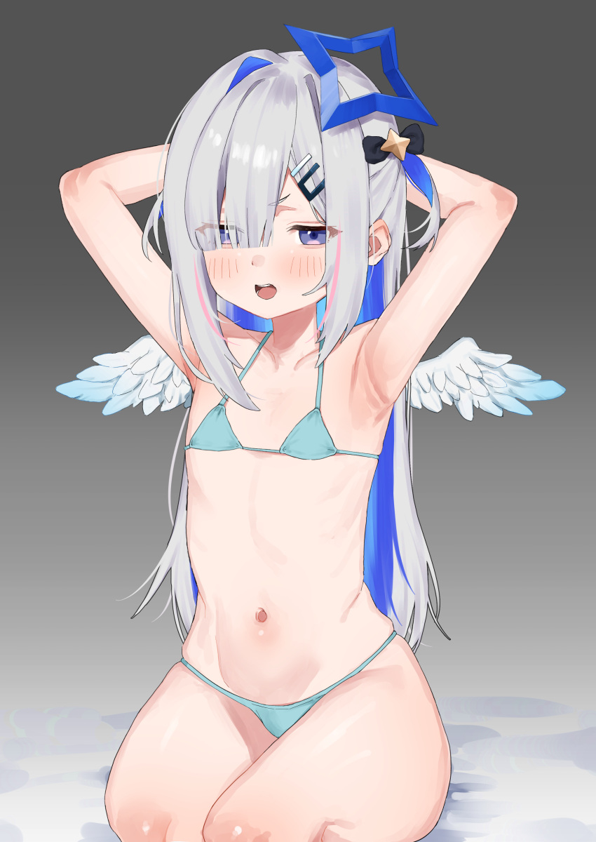 1girl absurdres amane_kanata amane_kanata_(work) armpits arms_behind_head arms_up bikini blue_bikini blue_eyes blue_hair blunt_bangs blush commentary_request eyes_visible_through_hair feathered_wings flat_chest frown gradient_background grey_background hair_ornament hair_over_one_eye hairclip highres hololive karikari_ume long_bangs long_hair looking_down mini_wings multicolored_hair navel open_mouth paid_reward_available seiza simple_background sitting solo star_(symbol) star_hair_ornament swimsuit two-tone_hair v-shaped_eyebrows virtual_youtuber white_hair white_wings wings
