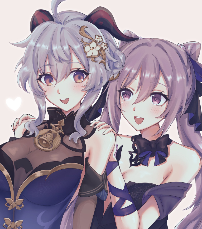 2girls :d ahoge bare_shoulders black_dress blue_dress blue_hair blush commentary cone_hair_bun detached_sleeves dress ganyu_(genshin_impact) genshin_impact grey_background hair_bun hair_ornament hands_on_another's_shoulders highres horns keqing_(genshin_impact) long_hair multiple_girls nekoha_(krnasp411) open_mouth purple_eyes purple_hair short_sleeves smile strapless strapless_dress twintails upper_body very_long_hair yuri