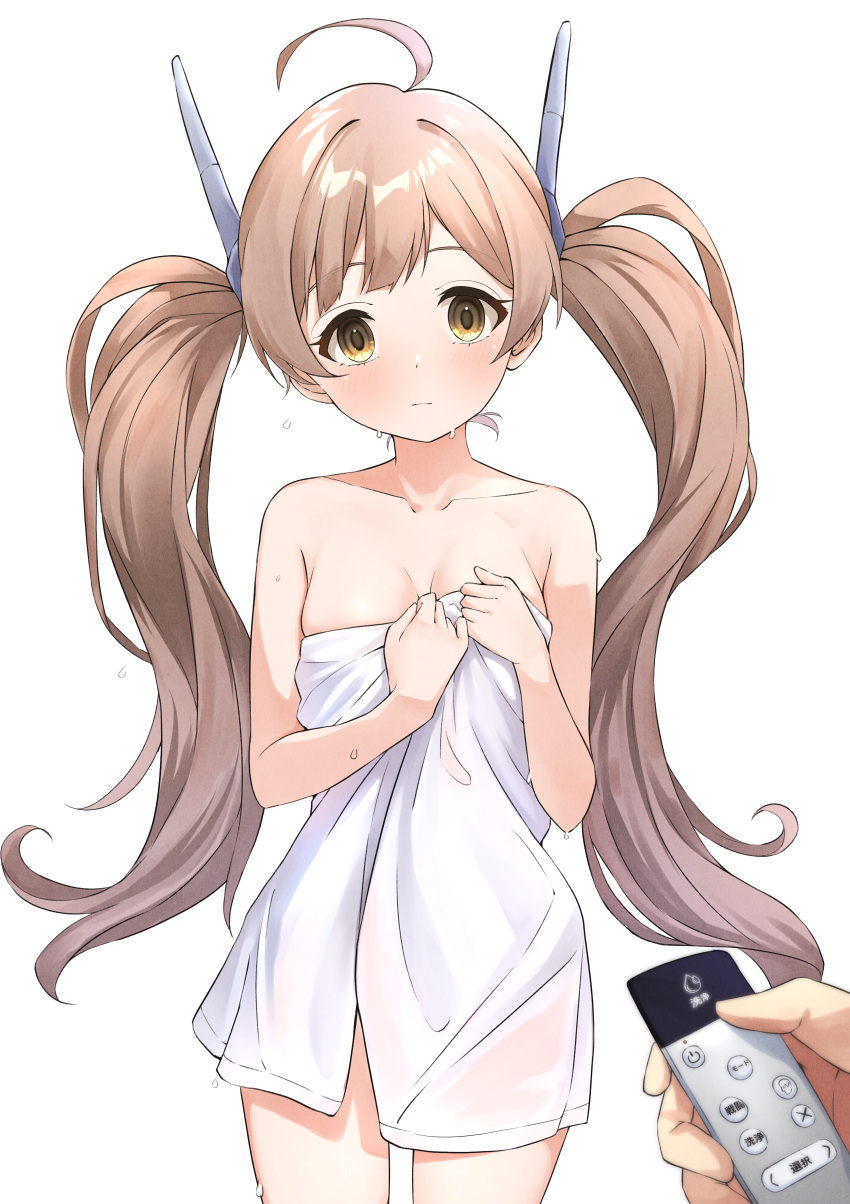 1girl 1other absurdres ahoge b1ack_illust blush breasts brown_hair collarbone controller hakozaki_serika headgear highres holding holding_remote_control idolmaster idolmaster_million_live! long_hair looking_at_viewer naked_towel petite pov pov_hands remote_control simple_background small_breasts towel twintails very_long_hair water_drop wet_towel white_background
