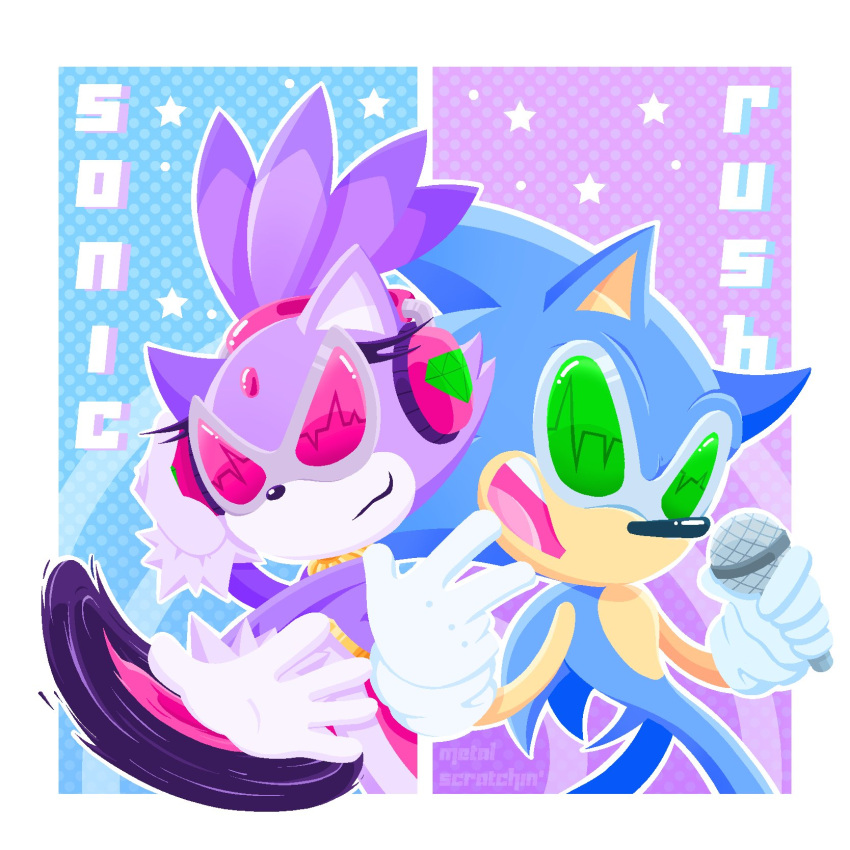 1boy 1girl animal_ears blaze_the_cat blue_fur cat_ears cat_girl crosses_xs forehead_jewel fur-trimmed_gloves fur_trim furry furry_female furry_male gloves headphones highres holding holding_microphone microphone ponytail purple_fur sonic_(series) sonic_rush sonic_the_hedgehog tinted_eyewear white_gloves