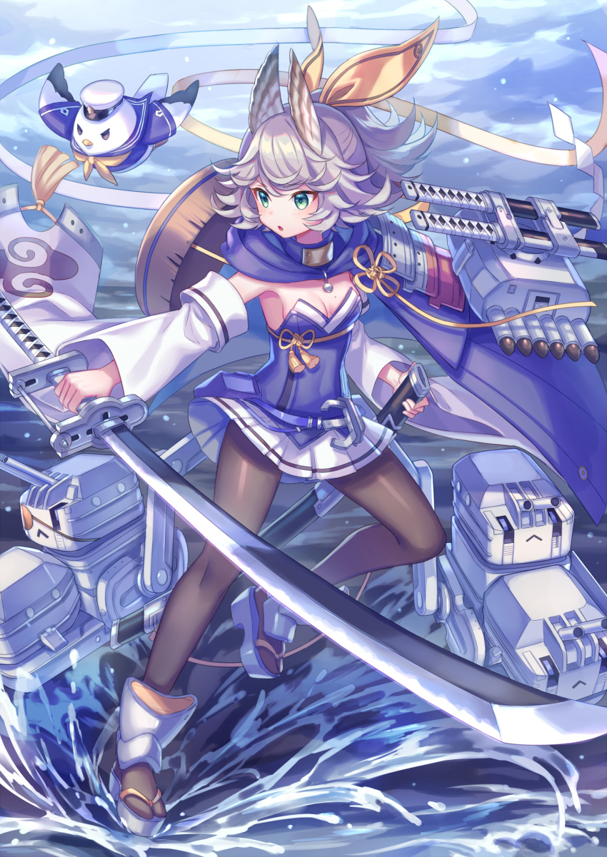 1girl absurdres animal armor armpits azur_lane bird black_legwear bow breasts cannon cleavage clothed_animal commentary detached_sleeves flower_knot full_body green_eyes hair_bow hat highres holding holding_sheath holding_sword holding_weapon japanese_armor katana kitakaze_(azur_lane) long_sleeves looking_away looking_to_the_side miniskirt mole mole_on_breast ocean pantyhose pleated_skirt sailor_collar sailor_shirt scabbard sheath shide shirt short_hair shoulder_armor silver_hair skirt small_breasts sode solo standing standing_on_liquid sword tassel torpedo_tubes water waving weapon wide_sleeves zoff_(daria)