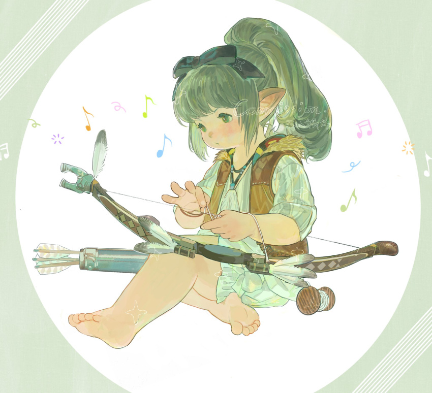 1girl arrow_(projectile) bare_legs barefoot black_bow border bow bow_(weapon) brown_vest chinese_text circle closed_mouth commission feathers final_fantasy final_fantasy_xiv full_body green_border green_eyes green_hair green_shirt hair_bow highres holding holding_string koubayouniao lalafell musical_note pointy_ears ponytail shirt sidelocks sitting soles solo string toes vest watermark weapon white_background