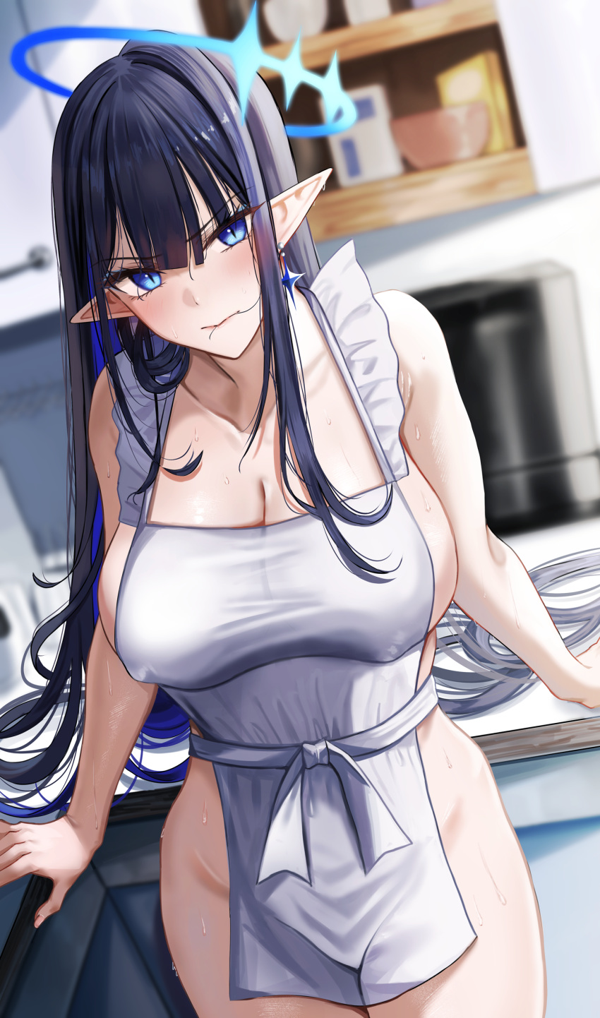 1girl absurdres apron arm_support black_hair blue_archive blue_eyes blue_eyeshadow blue_hair blush breasts cleavage collarbone colored_inner_hair covered_nipples eyelashes eyeshadow halo highres indoors kitchen large_breasts long_hair looking_at_viewer makeup multicolored_hair naked_apron nicky_w pointy_ears rin_(blue_archive) sideboob solo sweat two-tone_hair very_long_hair white_apron