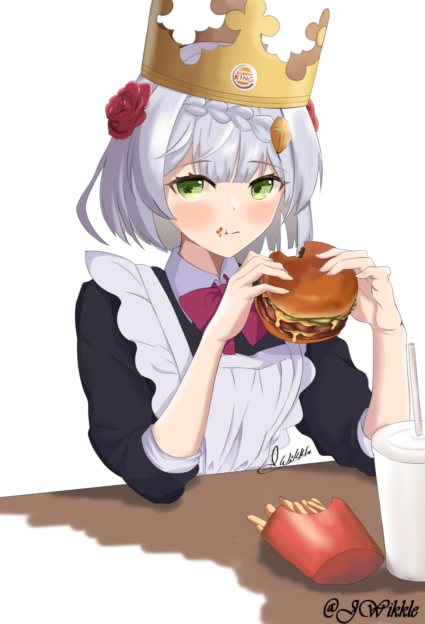 1girl absurdres apron black_dress blunt_bangs braid braided_bangs burger burger_king closed_mouth crown dress drink flower food food_on_face french_fries genshin_impact green_eyes grey_hair hair_flower hair_ornament highres holding holding_food jhonwikkle looking_at_viewer noelle_(genshin_impact) red_flower red_rose rose short_hair signature sleeves_past_elbows solo upper_body white_apron white_background