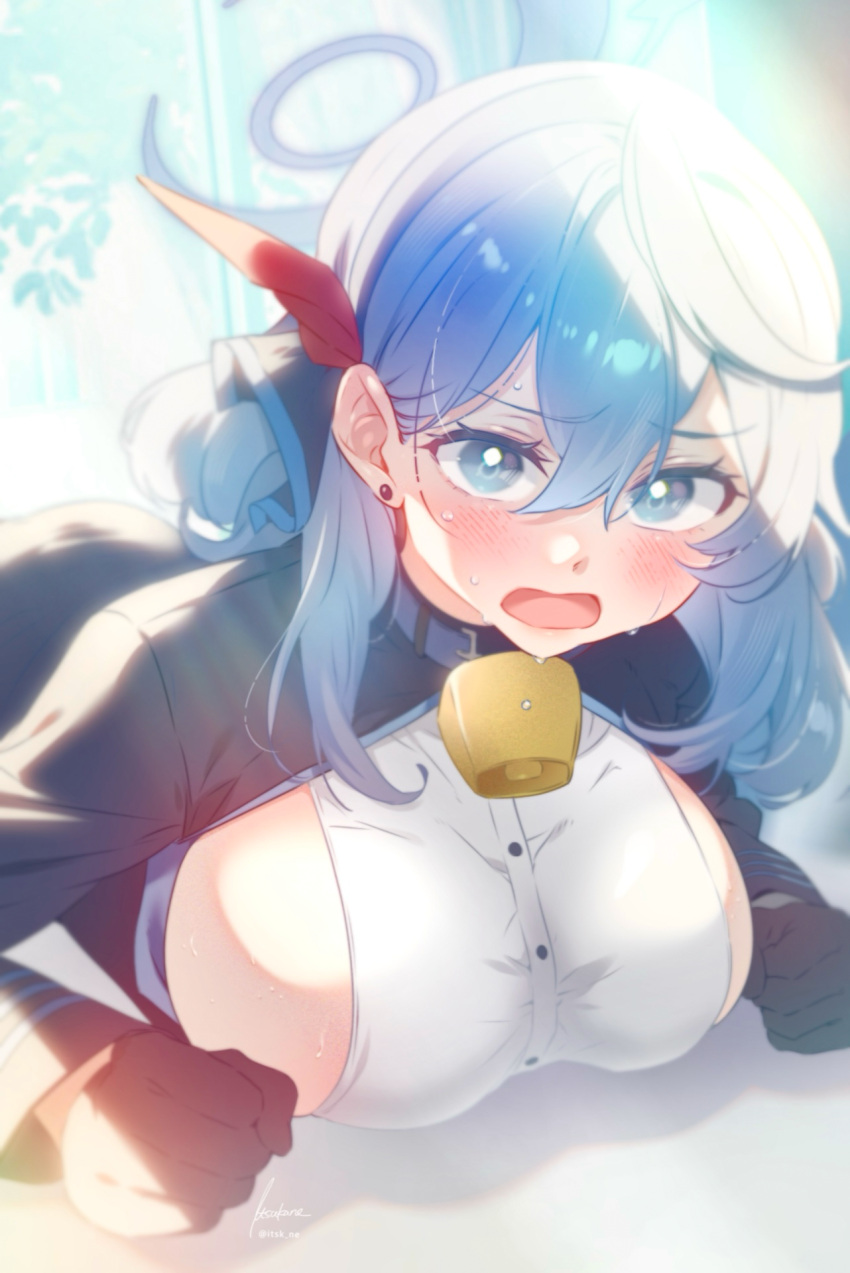 1girl ako_(blue_archive) bell blue_archive blue_eyes blue_hair blue_halo blush breasts hair_between_eyes halo highres itsk_ne large_breasts long_hair looking_at_viewer neck_bell open_mouth sideboob solo