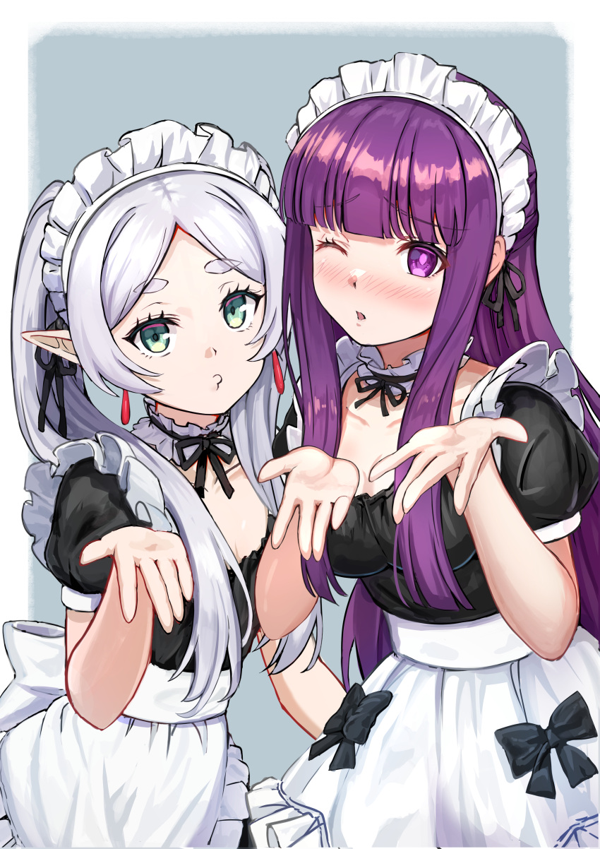 2girls absurdres alternate_costume blowing_kiss blunt_bangs blush breasts bright_pupils cleavage commentary_request dangle_earrings detached_collar earrings enmaided fern_(sousou_no_frieren) frieren green_eyes grey_background highres jewelry large_breasts long_hair looking_at_viewer maid maid_headdress multiple_girls nonoa-cg one_eye_closed open_mouth pointy_ears purple_eyes purple_hair purple_pupils pursed_lips sousou_no_frieren twintails white_hair