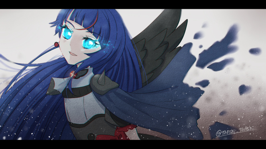 1girl alternate_hairstyle black_wings blue_cape blue_eyes blue_hair brooch cape cure_sky cut_bangs dark_cure_sky earrings feathered_wings glowing glowing_eye hair_down hirogaru_sky!_precure jewelry letterboxed long_hair magical_girl multicolored_hair open_mouth precure puffy_short_sleeves puffy_sleeves red_hair short_sleeves single_wing smile solo sora_harewataru spiked_pauldrons streaked_hair tanshi_tanshi torn_cape torn_clothes twitter_username very_long_hair wind wing_brooch wings