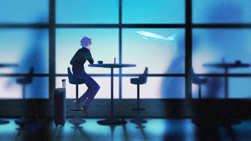 1boy aircraft airplane airport ba_hezhi_feng black_shirt blue_hair blue_pants blue_theme blurry blurry_foreground chair commentary cup facing_away full_body gradient_hair grey_hair high_heels highres ike_eveland ike_eveland_(2nd_costume) long_sleeves male_focus multicolored_hair nijisanji nijisanji_en pants people shirt sitting solo symbol-only_commentary teacup turtleneck virtual_youtuber wide_shot
