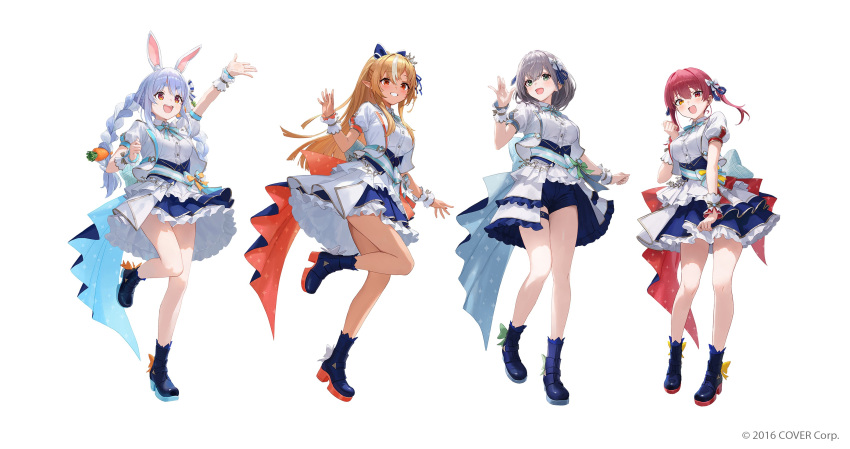 4girls :d \||/ absurdres animal_ear_fluff animal_ears ankle_boots aqua_bow aqua_bowtie aqua_gemstone aqua_ribbon aqua_sash aqua_skirt arm_up back_bow beads blue_bow blue_corset blue_footwear blue_hair blue_ribbon blue_shorts blue_skirt blush boots bow bowtie braid breasts brooch buttons carrot_hair_ornament collared_jacket commentary_request company_name copyright_notice corset curled_fingers dark-skinned_female dark_skin dot_nose double-parted_bangs dress_shirt elf eyelashes fingernails food-themed_hair_ornament footwear_bow french_braid frilled_skirt frills full_body gold_ribbon gold_trim green_bow green_eyes grey_hair grin hair_between_eyes hair_bow hair_ornament hair_ribbon hand_up hat hat_bow heel_up heterochromia high_heel_boots high_heels high_ponytail highres hololive hololive_idol_uniform_(bright) houshou_marine idol idol_clothes jacket jewelry lapel_pin lapels large_bow layered_skirt leg_up light_brown_hair lone_nape_hair long_bangs long_hair looking_at_viewer looking_up low-tied_long_hair matsuo_shogo mini_tiara multicolored_hair multiple_girls nail_polish notched_lapels official_alternate_costume official_art open_clothes open_jacket open_mouth orange_eyes orange_nails orange_ribbon orange_skirt outstretched_arm outstretched_hand overskirt plaid plaid_bow pointy_ears puffy_short_sleeves puffy_sleeves rabbit_ears rabbit_girl red_eyes red_hair red_skirt ribbon sash sash_bow shiranui_flare shirogane_noel shirt short_eyebrows short_hair short_shorts short_sleeves shorts showgirl_skirt side_braid sidelocks simple_background skirt smile sparkle_print standing standing_on_one_leg star_(symbol) star_hair_ornament streaked_hair striped_bow striped_sash swept_bangs teeth thick_eyebrows thigh_strap thighs twin_braids twintails two-sided_fabric two-sided_skirt two-tone_hair underbust upper_teeth_only usada_pekora virtual_youtuber waving white_background white_bow white_hair white_jacket white_sash white_shirt white_skirt white_wrist_cuffs wrist_cuffs wrist_ribbon yellow_bow yellow_eyes
