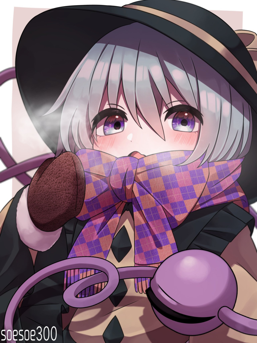 1girl artist_name black_headwear brown_mittens checkered_clothes checkered_scarf green_eyes green_hair highres jacket komeiji_koishi looking_at_viewer mittens purple_scarf scarf soesoe300 solo touhou two-tone_scarf winter_clothes yellow_jacket yellow_scarf