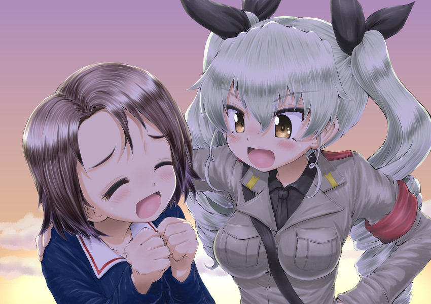 2girls absurdres anchovy arm_around_shoulder bangs belt black_neckwear black_ribbon black_shirt blue_jacket breasts brown_eyes brown_hair clenched_hands closed_eyes cloud cloudy_sky commentary_request daxz240r dress_shirt drill_hair eyebrows_visible_through_hair girls_und_panzer gradient_sky green_hair grey_jacket hair_ribbon highres jacket long_hair long_sleeves looking_at_another medium_breasts military military_uniform multiple_girls necktie ooarai_military_uniform open_mouth orange_sky outdoors parted_bangs ribbon sam_browne_belt sawa_azusa shirt short_hair sky smile sunset twin_drills twintails uniform wing_collar
