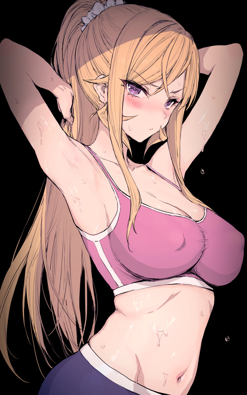 1girl armpits arms_up bare_arms bare_shoulders black_background blonde_hair blush breasts cleavage closed_mouth collarbone covered_nipples hair_ornament hair_scrunchie haoni highres large_breasts long_hair looking_at_viewer nakiri_erina navel pants pink_sports_bra ponytail purple_eyes purple_pants scrunchie shokugeki_no_souma sidelocks simple_background sports_bra stomach sweat white_scrunchie