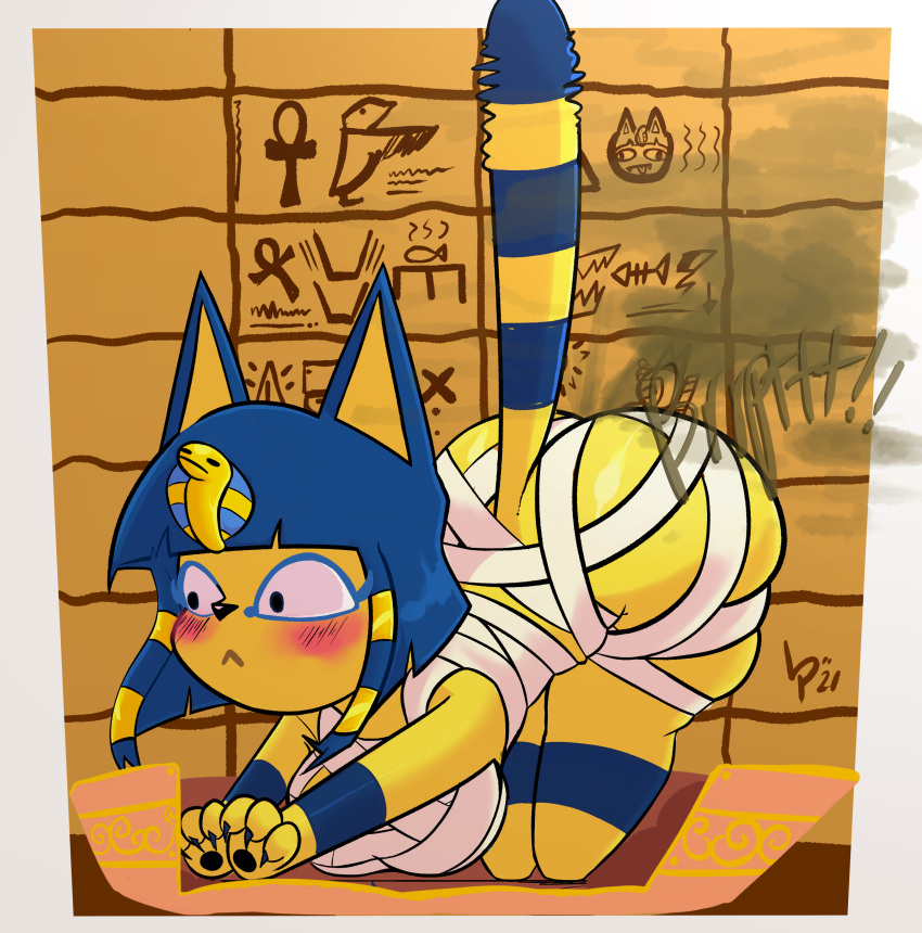 2021 absurd_res animal_crossing ankha_(animal_crossing) anthro ass_up bandage big_breasts big_butt blue_body blue_fur blue_hair blush breasts brown_background butt carpet detailed_background domestic_cat egyptian_headdress fart fart_cloud felid feline felis female fur hair hi_res lewdpunch mammal markings nintendo open_mouth pawpads sequence short_hair short_stack simple_background solo striped_markings striped_tail stripes surprise tail tail_markings thick_thighs wide_hips yawn yellow_body yellow_fur