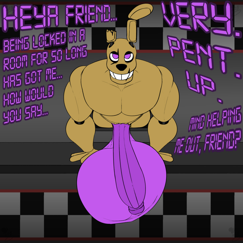 animatronic anthro balls big_balls big_penis dialogue five_nights_at_freddy's five_nights_at_freddy's_3 genitals hi_res huge_balls huge_penis humanoid hyper hyper_balls hyper_genitalia hyper_penis in_vent lagomorph leporid machine male mammal muscular muscular_male penis rabbit robot saggy_balls scottgames solo springtrap_(fnaf) thechavicgerman_(artist)