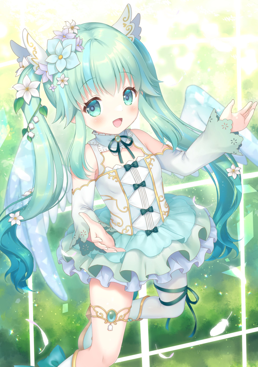 1girl absurdres blue_flower blue_wings blush commission detached_sleeves dress flower gradient_sleeves green_eyes green_hair hair_flower hair_ornament highres indie_virtual_youtuber kemamire long_hair open_mouth sidelocks single_leg_pantyhose skeb_commission smile solo sorayuri_hami thigh_strap twintails white_flower wings