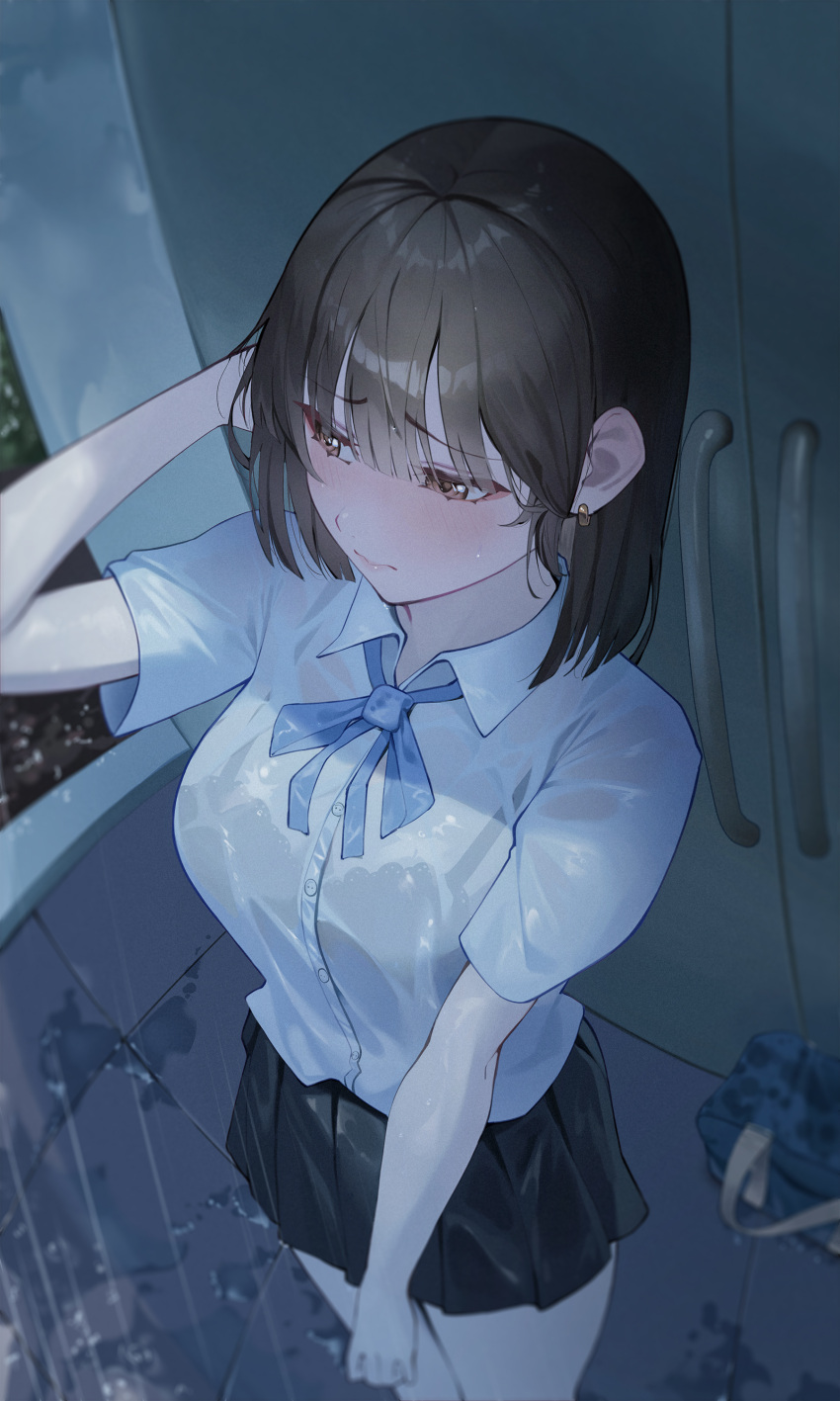 1girl absurdres averting_eyes bag black_hair black_skirt blue_ribbon blunt_bangs blush bra_visible_through_clothes brown_eyes closed_mouth collared_shirt commentary earrings from_above frown hand_in_own_hair highres jewelry michelan neck_ribbon original pleated_skirt rain ribbon school_bag school_uniform see-through shirt short_hair short_sleeves shy skirt solo standing water_drop wet wet_clothes wet_shirt white_shirt