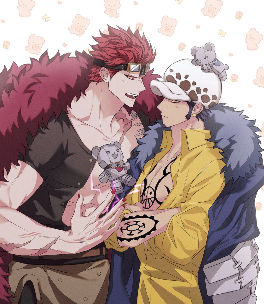 2boys abs bear black_hair cape chest_tattoo closed_mouth coat crossed_arms earrings eustass_kid facial_hair fur_cape fur_coat fur_hat goatee goggles hat highres jewelry korean_commentary light_blush looking_at_another magnetism male_focus multiple_boys muscular muscular_male one_piece op_chestnut open_mouth prosthesis prosthetic_arm red_eyes red_hair red_nails shirt short_hair tattoo teeth trafalgar_law yaoi yellow_eyes yellow_shirt