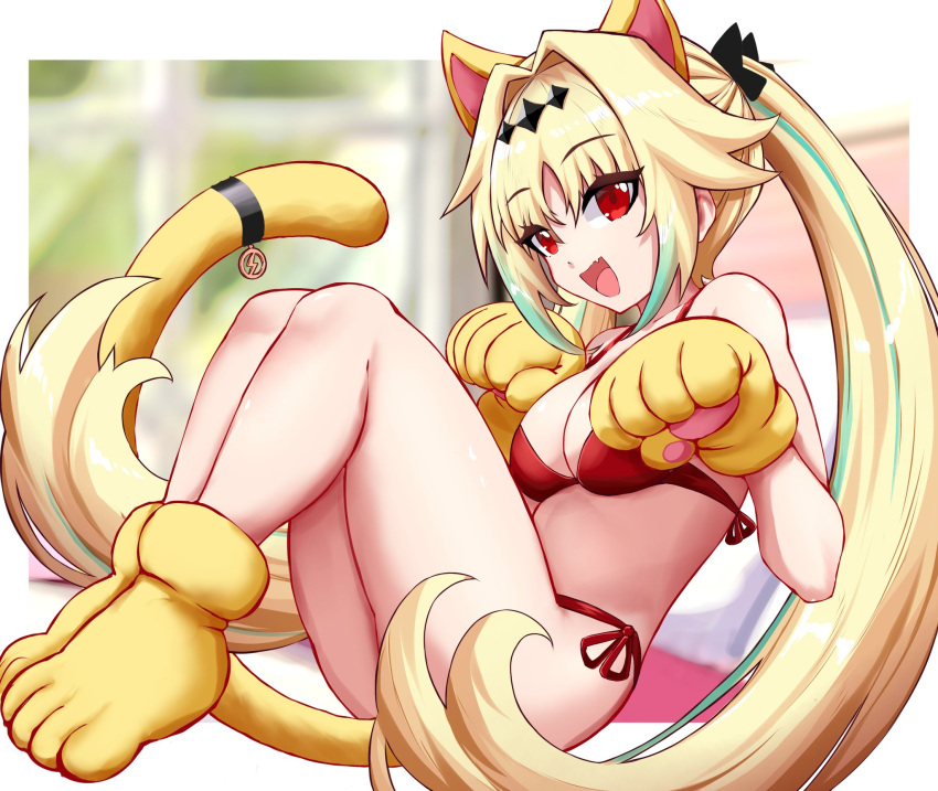 1girl :d animal_hands bare_shoulders bikini blonde_hair blurry blurry_background border breasts cat_paws cat_tail cleavage endou_lily fang from_side full_body gloves green_hair hair_intakes hashtag_only_commentary highres indoors knees_up long_hair looking_at_viewer medium_breasts multicolored_hair outside_border paw_pose red_bikini red_eyes sedai_one side-tie_bikini_bottom sidelocks sitting skin_fang slash-ex smile solo streaked_hair swimsuit tail thighs tiara twintails very_long_hair virtual_youtuber white_border window yellow_footwear yellow_gloves yellow_tail