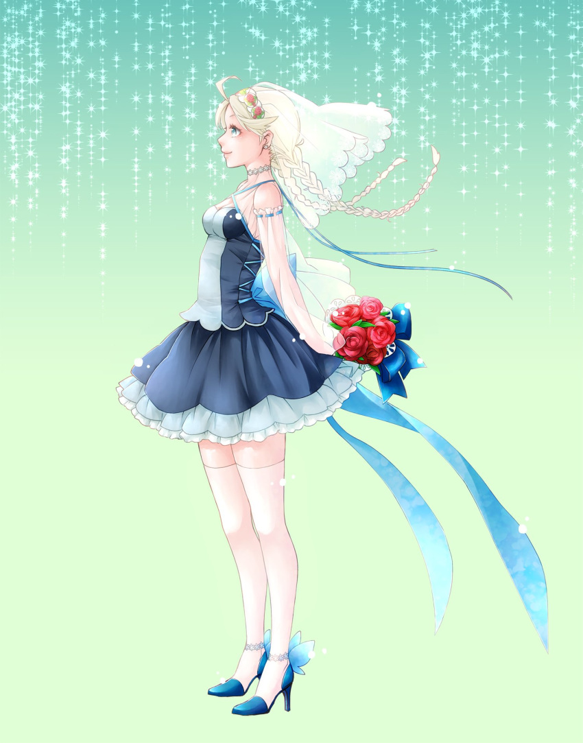 1girl ahoge alternate_costume bouquet braid closed_mouth dress earrings ebi_puri_(ebi-ebi) eponine_(fire_emblem_if) fire_emblem fire_emblem_heroes fire_emblem_if flower from_side gradient gradient_background high_heels highres holding holding_bouquet jewelry see-through simple_background smile solo sparkle thighhighs twin_braids veil wedding_dress white_hair