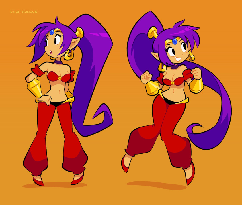 1girl :o black_eyes breasts cleavage clenched_hand commentary english_commentary eyelashes full_body hand_on_own_hip harem_outfit high_ponytail highres jumping knees_together_feet_apart long_hair multiple_views navel open_mouth orange_background purple_hair red_footwear shadow shantae shantae_(series) simple_background smile standing teeth tiara very_long_hair vinny_(dingitydingus)