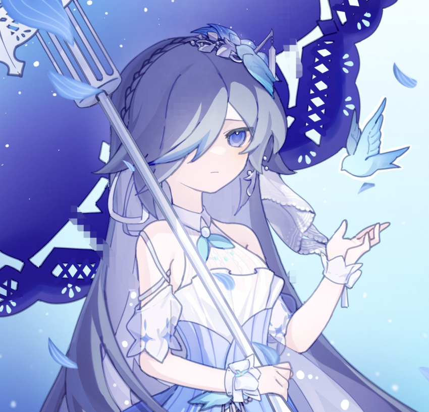 1girl bare_shoulders bird bird_hair_ornament blue_bird blue_eyes blue_hair bride dress earrings fu_hua fu_hua_(azure_empyrea) fu_hua_(cerulean_court) grey_hair hair_ornament hair_over_one_eye halter_dress halterneck highres holding holding_umbrella honkai_(series) honkai_impact_3rd jewelry long_hair looking_at_animal manfu_w multicolored_clothes multicolored_dress official_alternate_costume sleeveless sleeveless_dress solo umbrella upper_body wedding_dress white_dress