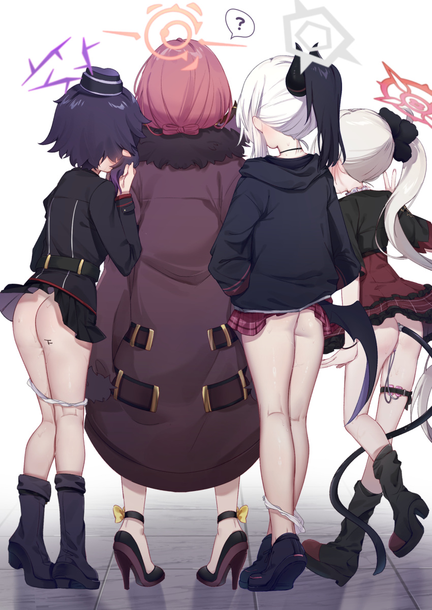 4girls ? aru_(blue_archive) ass black_hair blue_archive coat egg_vibrator facing_away from_behind fur-trimmed_coat fur_trim garrison_cap grey_hair halo haruka_(blue_archive) hat highres holster kayoko_(blue_archive) kneepits multiple_girls mutsuki_(blue_archive) panties panty_pull pink_hair problem_solver_68_(blue_archive) purple_hair pussy_juice sex_toy short_hair side_ponytail skirt_caught_on_object spoken_question_mark thigh_holster tile_floor tiles underwear upskirt v vibrator white_hair white_panties xiao_jian