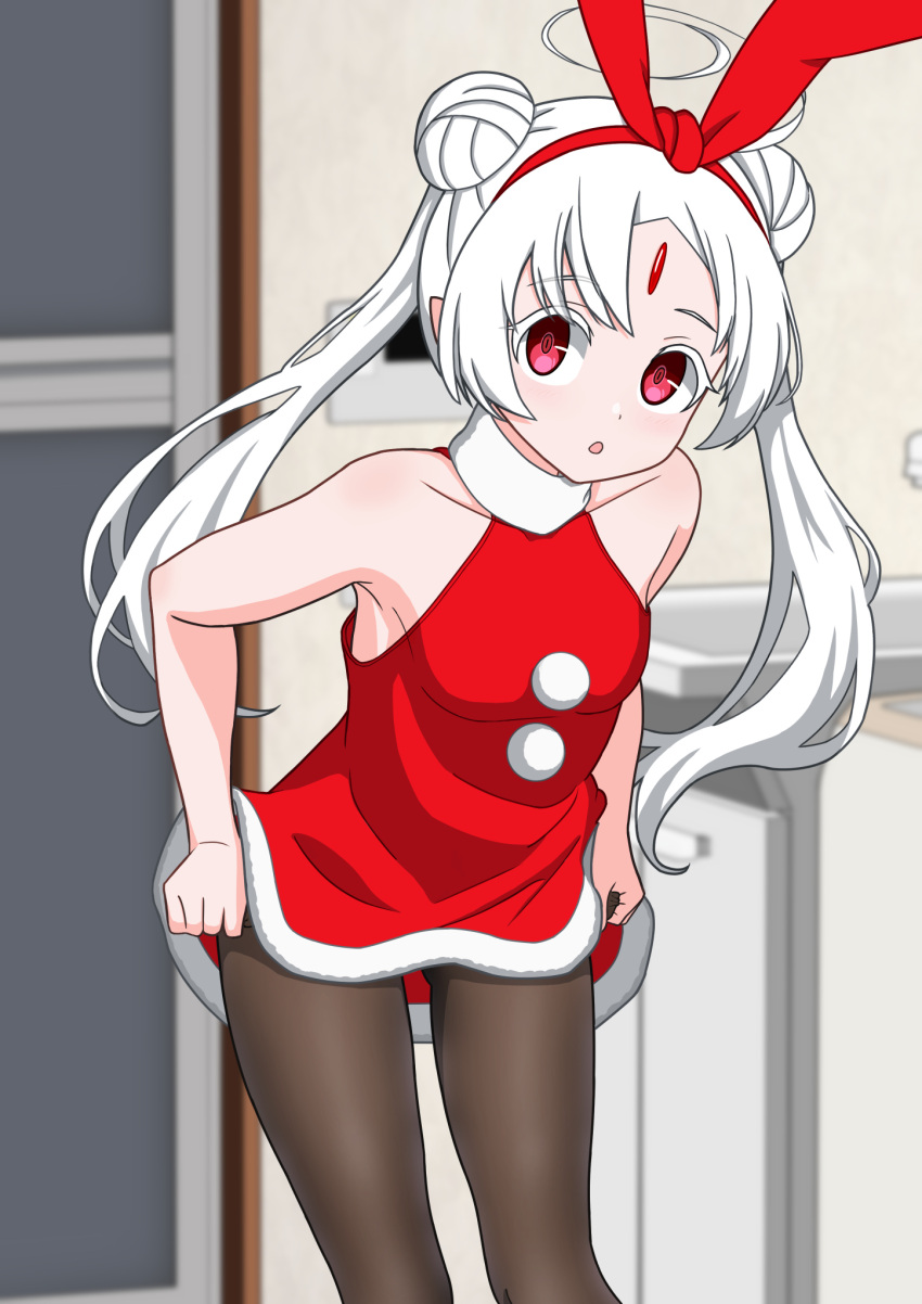1girl ahoge bathroom clothes_pull double_bun dress forehead_jewel hair_bun highres huge_ahoge indoors long_hair nishine2424 open_mouth pantyhose pantyhose_pull red_eyes sleeveless sleeveless_dress solo twintails under_night_in-birth vatista very_long_hair white_hair