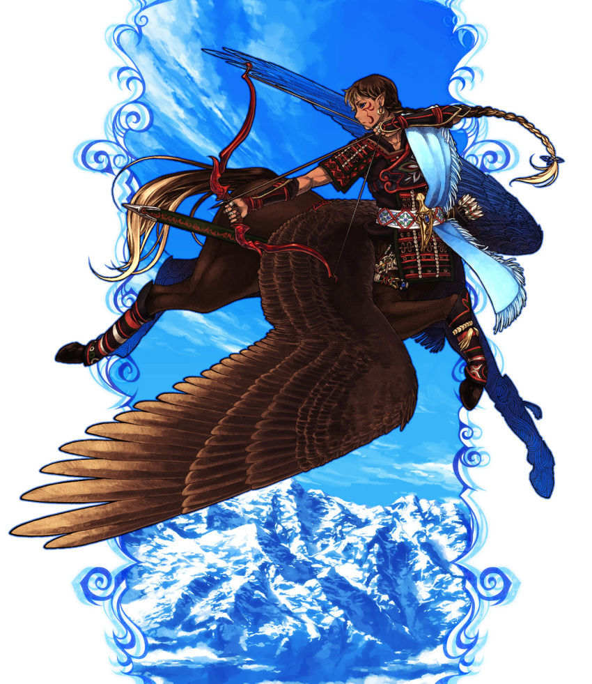 1boy ankle_cuffs arm_guards armor arrow_(symbol) bandaged_fingers bandages blonde_hair blue_sky blue_wings bow_(weapon) braid braided_ponytail brown_hair brown_wings centaur dagger drawing_bow earrings facepaint facial_mark feathered_wings floating_hair full_body hand_up highres holding holding_bow_(weapon) holding_weapon japanese_armor japanese_clothes jewelry jumping knife long_hair looking_back male_focus mismatched_wings mountain multicolored_tail outside_border outstretched_arm pixiv_genealogy_of_life pointy_ears profile quiver sash short_sleeves single_braid sky snow solo tail tassel taur very_long_hair watari_taichi weapon wings