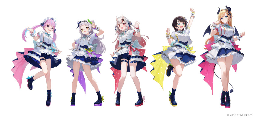 5girls :d :o absurdres ahoge anchor_print ankle_boots aqua_bow aqua_bowtie aqua_gemstone aqua_hair aqua_sash arm_up back_bow beads beckoning black_hair blue_bow blue_corset blue_footwear blue_ribbon blue_shorts blue_skirt blunt_bangs blush boots bow bowtie braid brooch buttons chain_hairband claw_pose collared_jacket colored_inner_hair commentary_request company_name contrapposto copyright_notice corset crossed_ankles curled_fingers demon_girl demon_horns demon_tail dot_nose double_bun dress_shirt eyelashes flipped_hair footwear_bow french_braid frilled_skirt frills full_body glitter gold_ribbon gold_trim gradient_hair green_bow green_eyes grey_hair hair_bow hair_bun hair_ornament hair_ribbon hand_up hands_up hat hat_bow high_heel_boots high_heels highres hololive hololive_idol_uniform_(bright) horn_ornament horn_ring horns idol idol_clothes jacket jewelry lapel_pin lapels large_bow layered_skirt leg_up legs_folded long_hair looking_at_viewer looking_up low-tied_long_hair maid maid_headdress matsuo_shogo minato_aqua mini_hat mini_tiara multicolored_hair multiple_girls murasaki_shion nakiri_ayame notched_lapels official_alternate_costume official_art oni oozora_subaru open_clothes open_jacket open_mouth overskirt pigeon-toed pink_hair pink_ribbon pink_skirt plaid plaid_bow pointy_ears puffy_short_sleeves puffy_sleeves purple_bow purple_eyes purple_skirt red_bow red_hair red_ribbon red_skirt ribbon ringlets sash sash_bow shirt short_eyebrows short_hair short_shorts short_sleeves shorts showgirl_skirt side_braid sidelocks simple_background single_hair_bun skin-covered_horns skirt smile sparkle_print standing standing_on_one_leg star_(symbol) star_hair_ornament streaked_hair striped_bow striped_sash swept_bangs tail teeth thick_eyebrows thigh_strap thighs top_hat tress_ribbon twintails two-sided_fabric two-sided_skirt two-tone_hair two_side_up underbust upper_teeth_only v virtual_youtuber white_background white_bow white_headwear white_jacket white_sash white_shirt white_skirt white_wrist_cuffs wrist_cuffs wrist_ribbon yellow_bow yellow_ribbon yellow_skirt yuzuki_choco