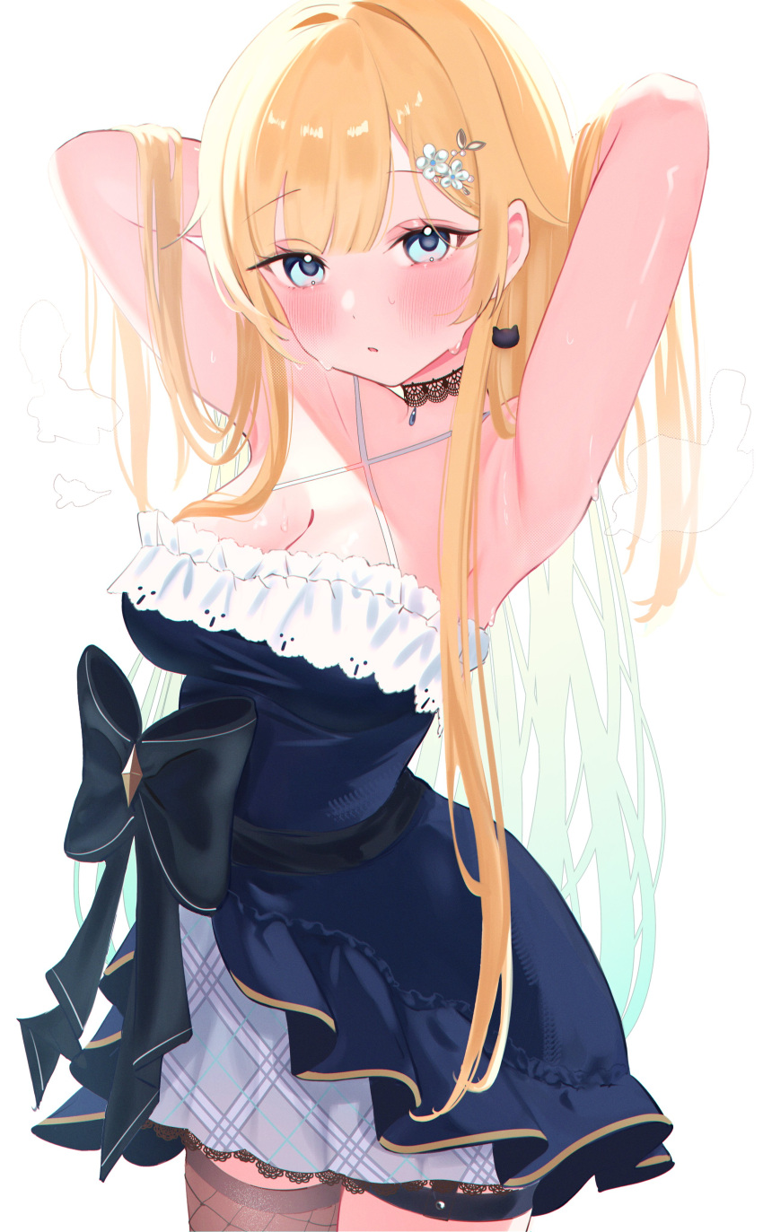 1girl absurdres aizawa_ema aizawa_ema_(1st_costume) arms_up black_bow blonde_hair blue_dress blue_eyes blush bow breasts cat_earrings choker cleavage dress highres lace lace_choker long_hair meercat_dayo single_thighhigh solo swept_bangs thighhighs vspo!