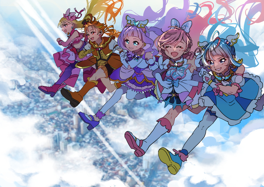 1boy 4girls above_clouds absurdres ankle_boots aqua_hair ascot belt black_belt black_headwear blonde_hair blue_dress blue_eyes blue_footwear blue_hair boots bow braid brooch butterfly_hat_ornament city closed_eyes clothing_cutout cloud coattails commentary cropped_shirt cure_butterfly cure_majesty cure_prism cure_sky cure_wing cut_bangs detached_sleeves dress earclip earrings elbow_gloves ellee-chan english_commentary facing_viewer fingerless_gloves floating gloves grin hair_bow half-dress hat hat_ornament high_heel_boots high_heels highres hijiri_ageha hirogaru_sky!_precure jacket jewelry long_hair looking_at_viewer magical_girl midriff mini_hat mini_top_hat miniskirt mixed-language_commentary mob_cap multicolored_hair multiple_girls navel nijigaoka_mashiro open_mouth orange_footwear orange_gloves orange_hair orange_jacket orange_shorts pantyhose pink_eyes pink_footwear pink_gloves pink_hair pink_headwear pink_shirt pink_skirt pleated_skirt precure puffy_detached_sleeves puffy_short_sleeves puffy_sleeves purple_dress purple_footwear purple_hair purple_pantyhose purple_skirt red_eyes sekiguchi_(mitemite_mitene) shirt short_dress short_shorts short_sleeves shorts shoulder_cutout showgirl_skirt side_braid single_earring single_sidelock skirt sleeveless sleeveless_dress sleeveless_shirt smile sora_harewataru streaked_hair thighhighs tilted_headwear top_hat twin_braids twintails two-tone_dress two_side_up very_long_hair walking white_ascot white_bow white_dress white_footwear white_gloves white_thighhighs wing_brooch wing_hair_ornament yuunagi_tsubasa